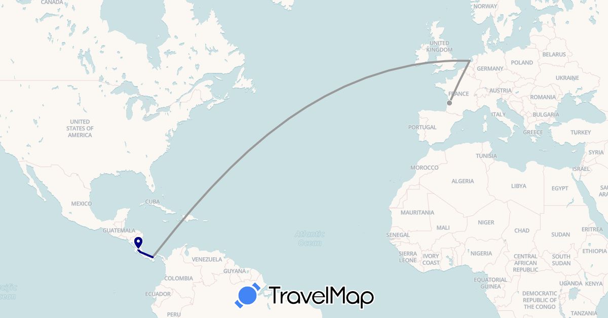 TravelMap itinerary: driving, plane in Costa Rica, France, Netherlands, Panama (Europe, North America)